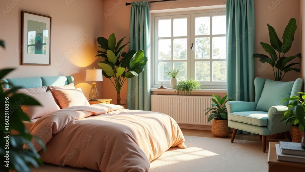 Fototapeta premium A sunlit bedroom with pastel tones and greenery.