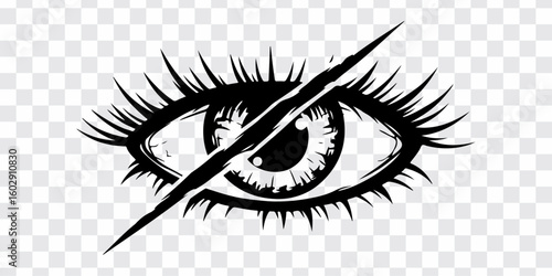 Closed Eye Silhouette: A striking monochrome depiction of a closed eye, intersected by a stark slash, symbolizing secrecy or concealment, perfect for conceptual design needs.