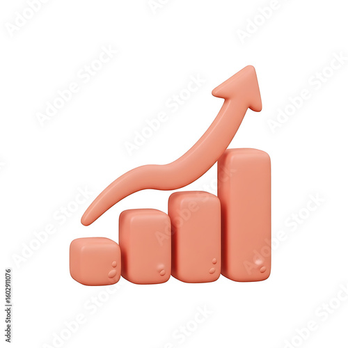 3D Bar Graph with Rising Arrow Icon – Growth Chart Symbol on White Background for Business and Data Visualization