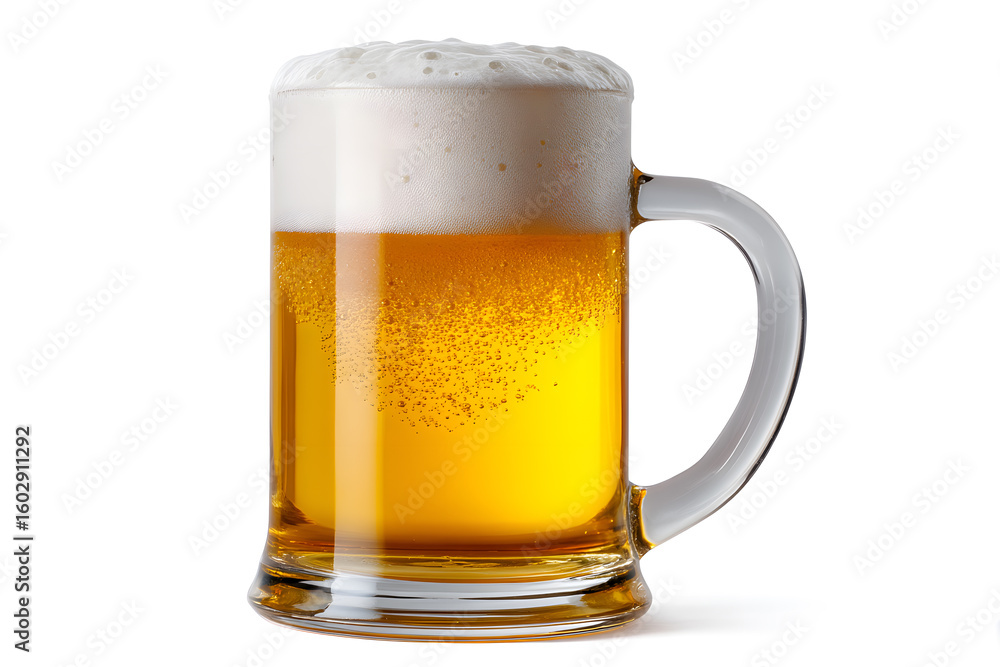 Classic beer mug with golden beer and thick foam on clean white surface. Ideal for drink packaging, Oktoberfest campaigns, or bar visuals. Classic beer mug with golden beer and thick foam on clean white surface. Ideal for drink packaging, Oktoberfest campaigns, or bar visuals.