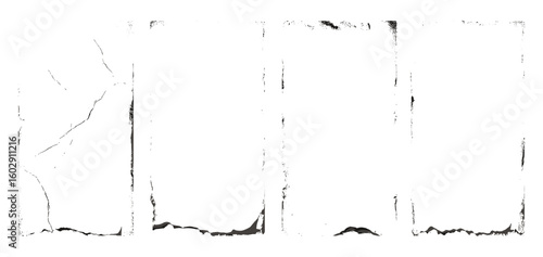 Torn and grainy paper overlay texture with worn, distressed edges and fading dust effects. Vintage style paper stamps with antiquity marks. Vector background, grunge border, retro frame