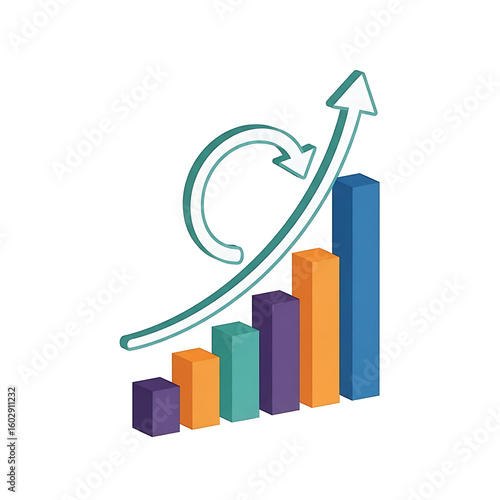 3D Bar Graph with Rising Arrow Icon – Growth Chart Symbol on White Background for Business and Data Visualization
