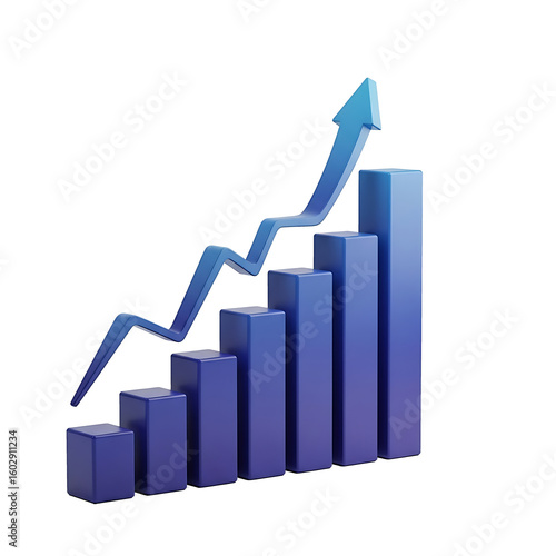 3D Bar Graph with Rising Arrow Icon – Growth Chart Symbol on White Background for Business and Data Visualization