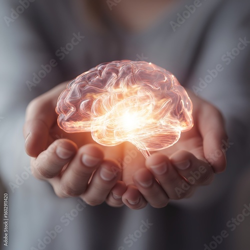 Glowing Brain Cradled by Hands – Concept of Mental Health, Mindfulness, Therapy, and Compassion – for Medical and Wellness Themes