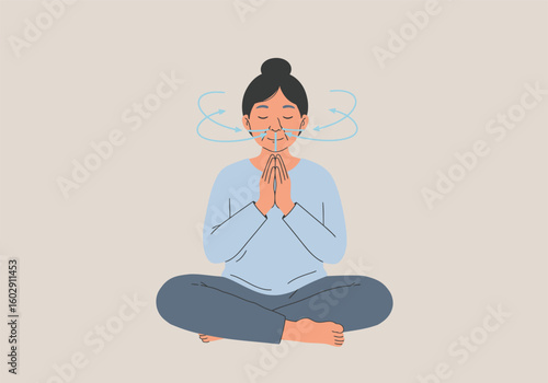 An illustration of a woman meditating with closed eyes and hands clasped, showing calm breathing and inner peace.