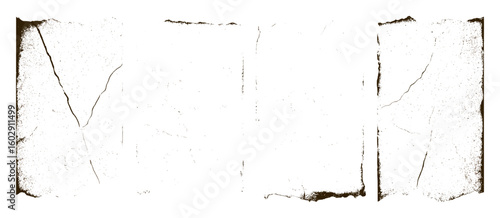 Torn and grainy paper overlay texture with worn, distressed edges and fading dust effects. Vintage style paper stamps with antiquity marks. Vector background, grunge border, retro frame