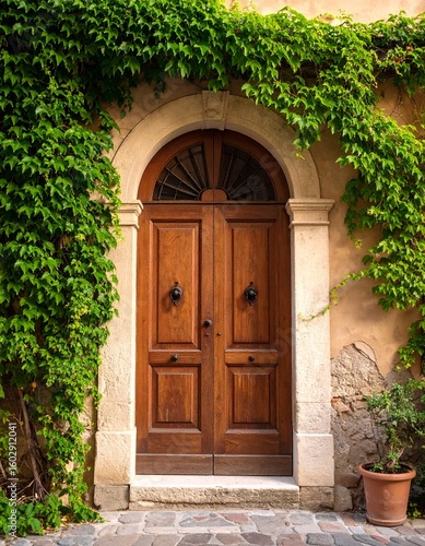 closed old vintage door in Italian style  with lush green vine on an old  wall	