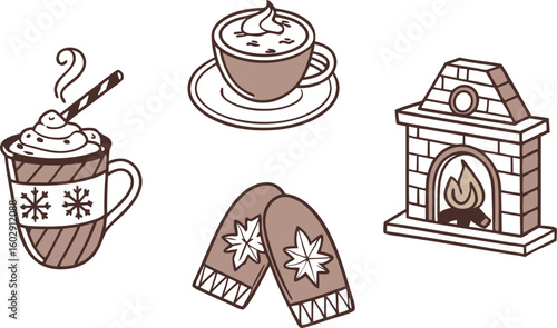Illustration of a fireplace, two cups of hot chocolate, and a pair of mittens on a white background