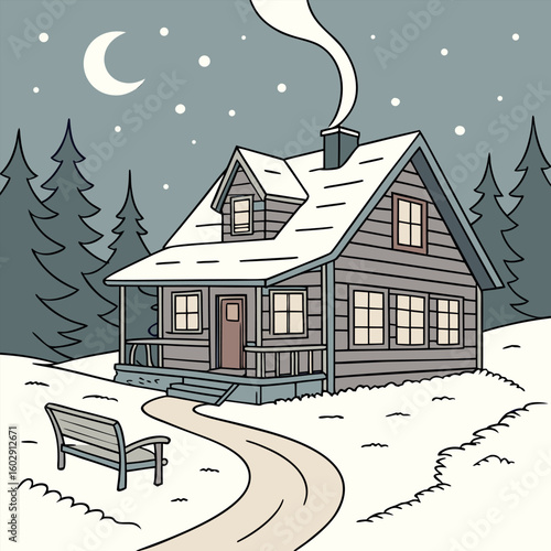 Illustration of a snow covered cabin with smoke coming from the chimney under a moonlit snowy sky