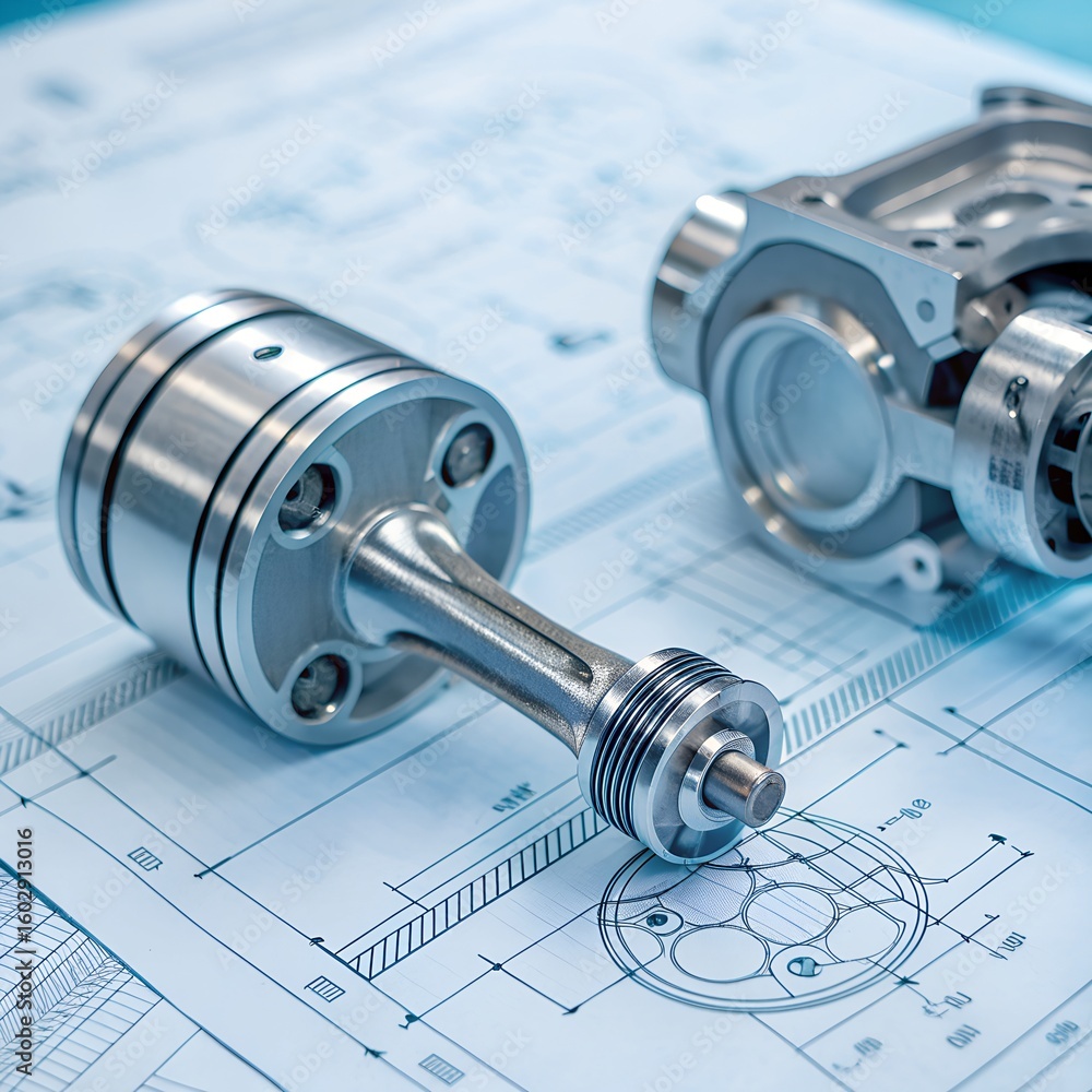 Precision engineering design showcasing detailed engine parts on blueprint for automotive innovation Precision engineering design showcasing detailed engine parts on blueprint for automotive innovation