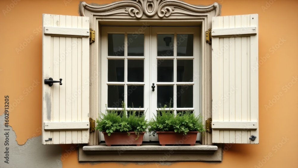 Fototapeta premium White shutters and a window with plants on a peach-colored wall.