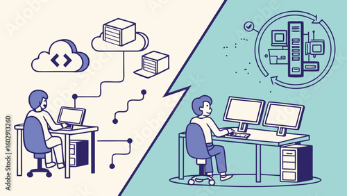 Vector illustration of remote workers with computer and cloud data exchange isolated on Transparent Background