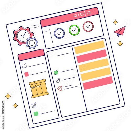 Illustration of a tilted project management dashboard with clock, gear, checkmarks, and paper airplane icon