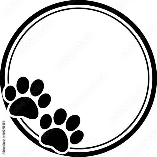 Black paw prints inside double circle frame vector