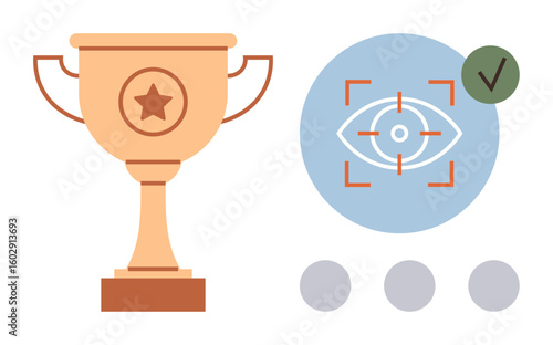 Golden trophy with star, focus target icon symbolizing vision and completion, checkmark for acknowledgment. Ideal for achievement, success, excellence, leadership, goals vision recognition. Simple