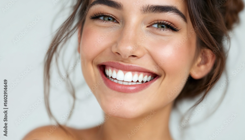 Confident woman smiling brightly with perfect white teeth, clean white backdrop.
Confident woman smiling brightly with perfect white teeth, clean white backdrop.