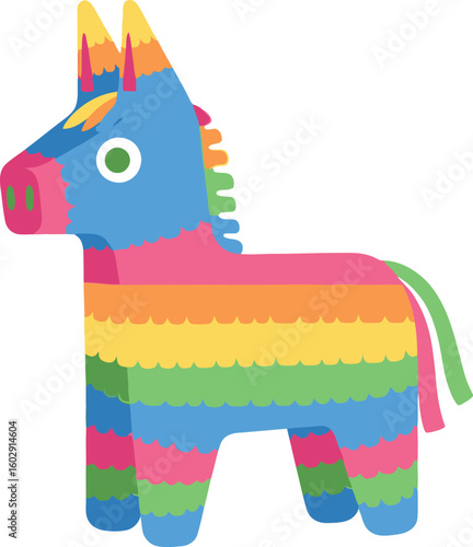 Festive donkey piñata illustration with vibrant rainbow colors stands out.
