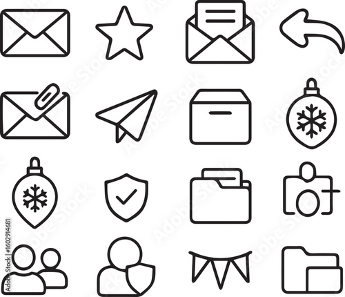 Email Communication UI Vector Icon Set  Adjustable Line Weight  Mail, message, contact, inbox, reply, attachment, send, archive, calendar, users, security, folder line art vector
