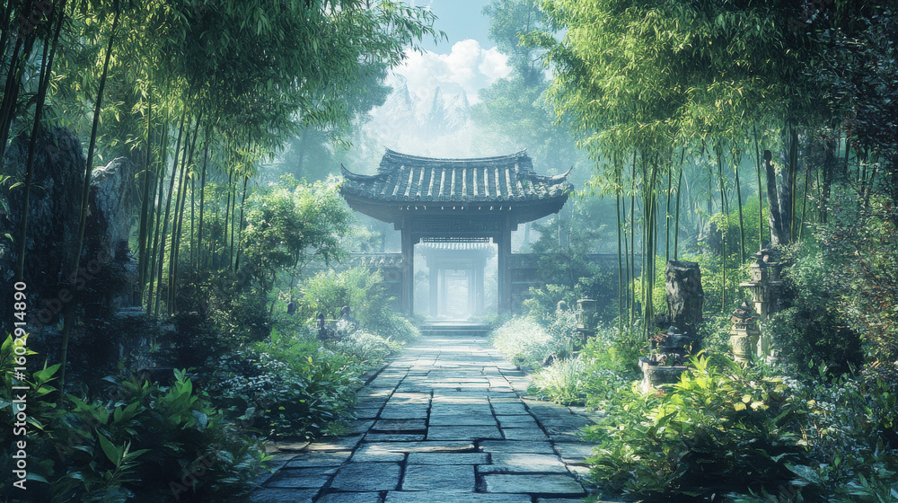 Obraz premium Stone Path Leading to Ancient Asian Gate in Lush Bamboo Forest