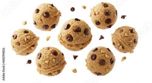 Close Up Of Several Round Cookie Dough Balls With Chocolate Chips And Nuts Falling On Transparent Background