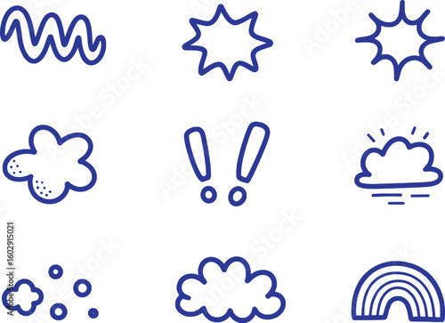 Blue doodle icons of weather and punctuation symbols collection