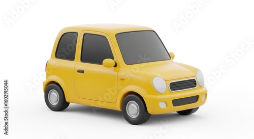 Isolated yellow cartoon car with rounded design rests on a white background showing windows