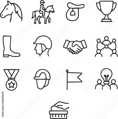 Equestrian Sport Vector Icon Set  Adjustable Line Weight  Horse, rider, saddle, trophy, boots, helmet, fence, stirrup, medal, stable, flag, jump, grooming line art vector illustration