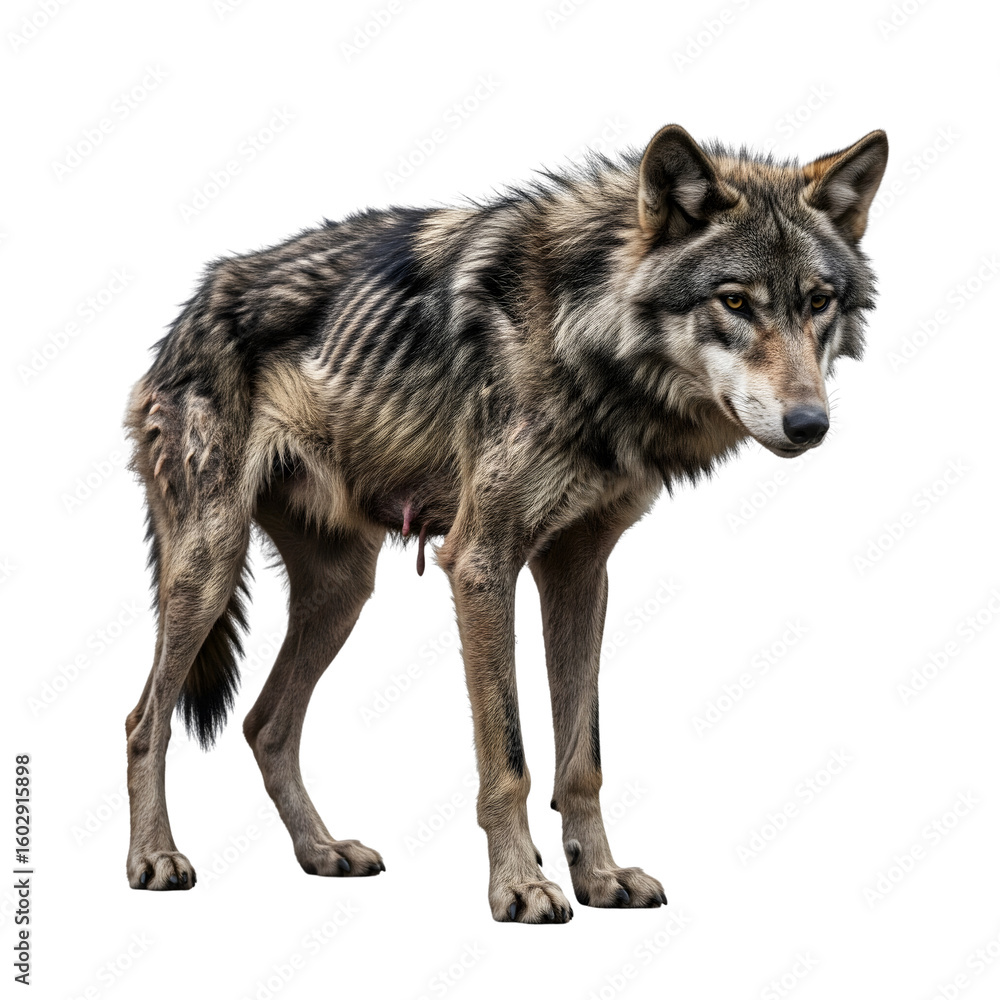 Grey wolf standing profile view isolated on transparent background showing detailed fur texture and intense gaze Grey wolf standing profile view isolated on transparent background showing detailed fur texture and intense gaze