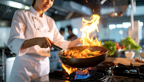 Chef cooking shrimp in a pan with flames