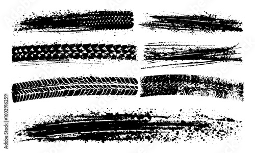 Vector graphic set of tire tread marks and wheel textures on asphalt, featuring motorsport drift, motocross, rally skid, splash effects, grinding, car racing patterns, and off-road trails.