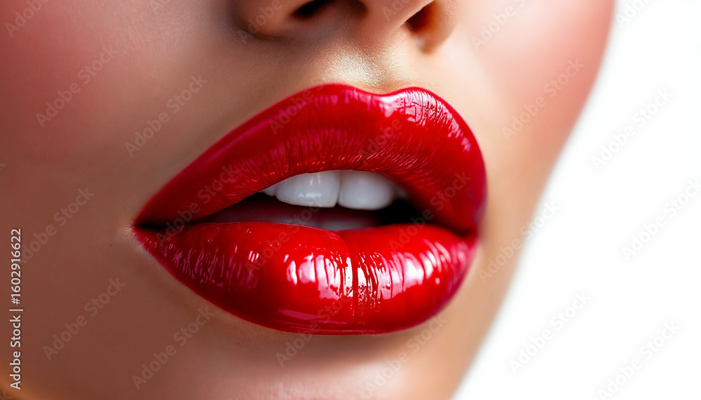 Fototapeta premium Close-up of glossy red lips on bright white background