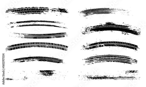 Monochrome tire tread patterns and wheel tracks with grunge splashes. Vector set featuring skid marks, rally, motocross, drift, off-road racing, braking textures, and car rubber prints