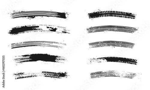 Vector wheel tread textures and tire marks in black and white. Racing skid patterns, motocross tracks, drag racing, rally, drift, off-road splashes, grunge tire prints illustration set