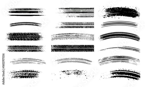 Monochrome tire tread patterns and wheel tracks with grunge splashes. Vector set featuring skid marks, rally, motocross, drift, off-road racing, braking textures, and car rubber prints