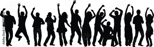 Group of people dancing in silhouette, joyful celebration poses, lively party moment, black vector artwork, fun energy, happy movement illustration