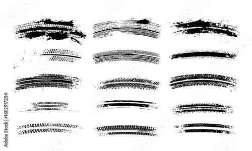 Detailed vector tire tread and wheel track patterns with grunge effects. Includes skid, braking, rally, motocross, drift, off-road car racing, rubber splashes, and dirt tire prints graphics