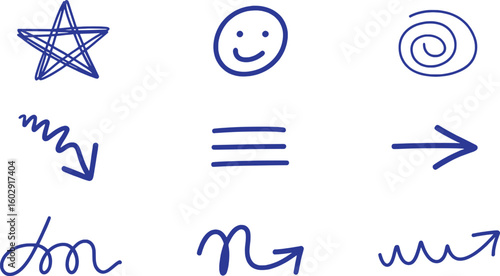 Hand drawn blue graphic symbols star smiley face spiral arrows and lines vector