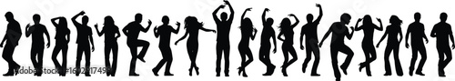 Group of people dancing joyfully, silhouette celebration pose, energetic movement scene, black vector illustration, party atmosphere, festive choreography concept