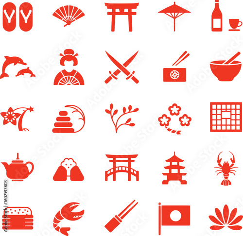 Japanese cultural icons and symbols collection vector set culture