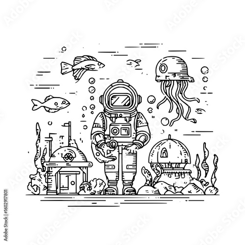 Line art illustration of a diver with fish, jellyfish, sea plants and underwater structures in black and white
