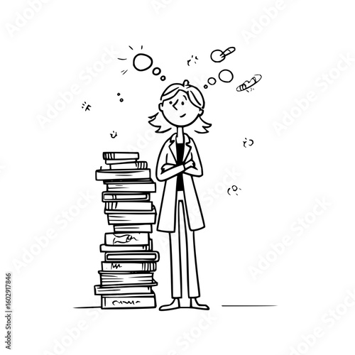Illustration of a woman standing next to a tall stack of books with thought bubbles above her head