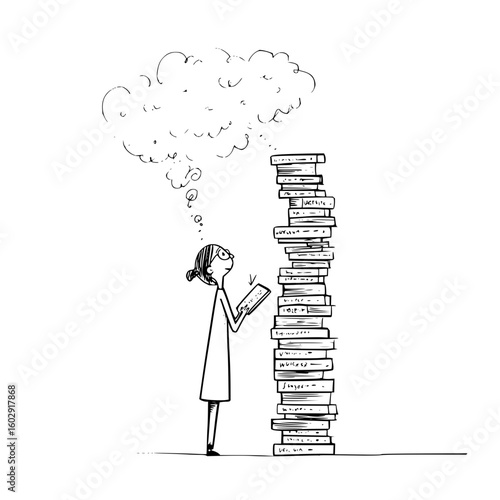 A girl with glasses reading a book standing next to a high stack of books with a thought cloud above her