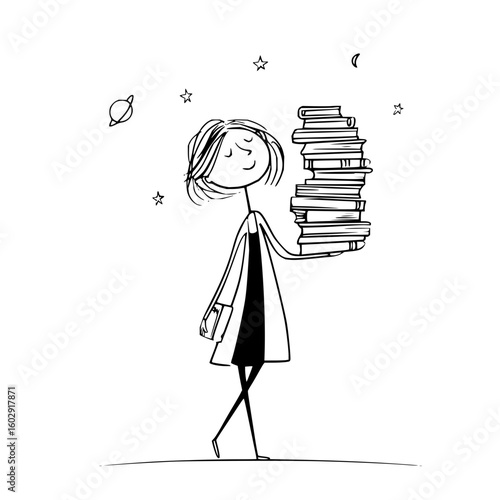 Stylized illustration of a woman carrying a stack of books with celestial elements around her head