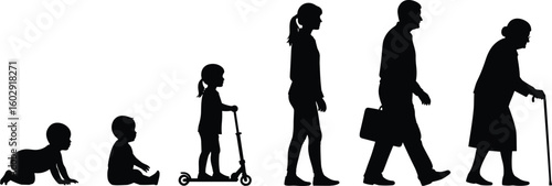 Human life stages in silhouette, age progression concept, baby to elderly transition, generational growth, black vector design, evolution journey illustration