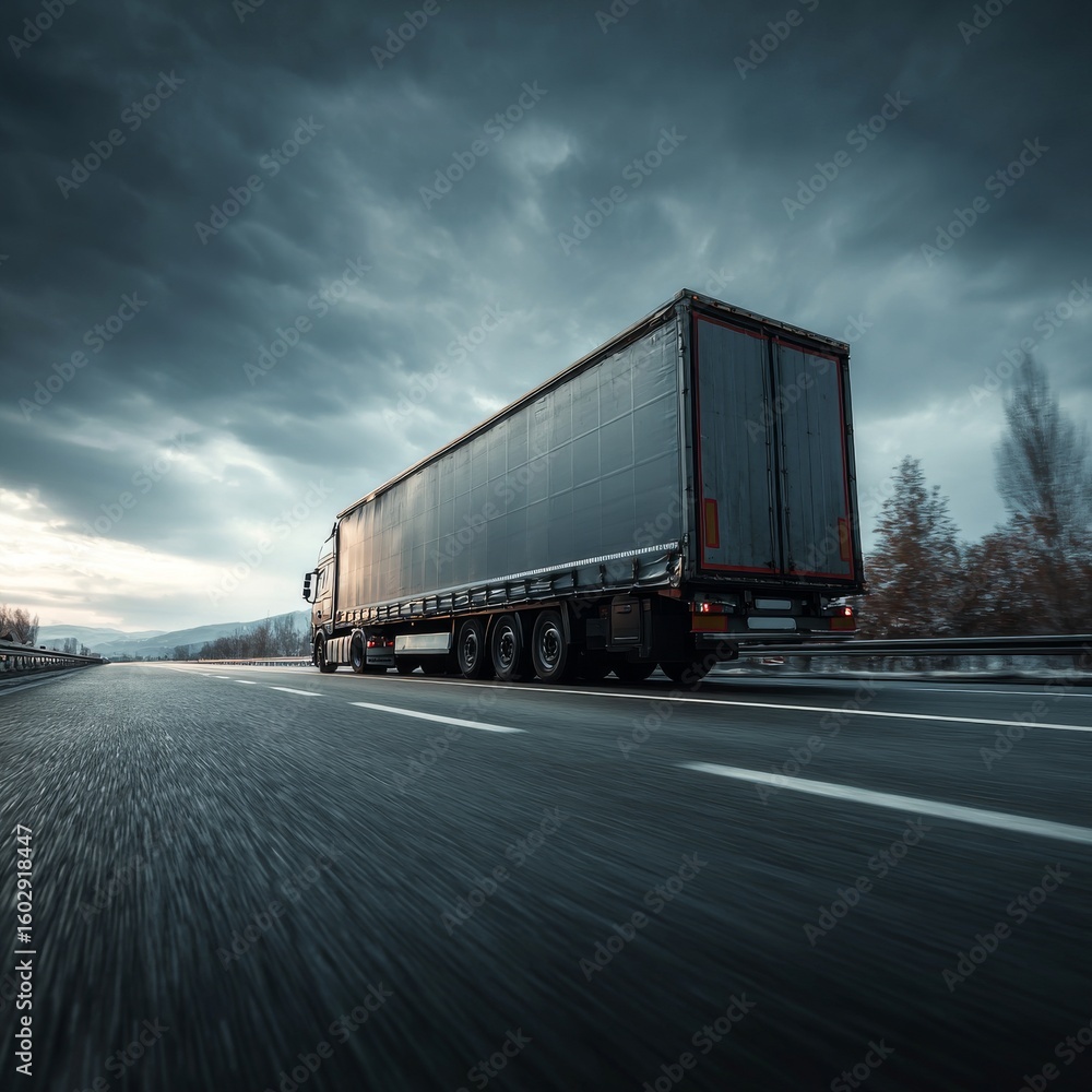Truck Driving on Open Road under Dramatic Cloudy Sky at Dusk Truck Driving on Open Road under Dramatic Cloudy Sky at Dusk