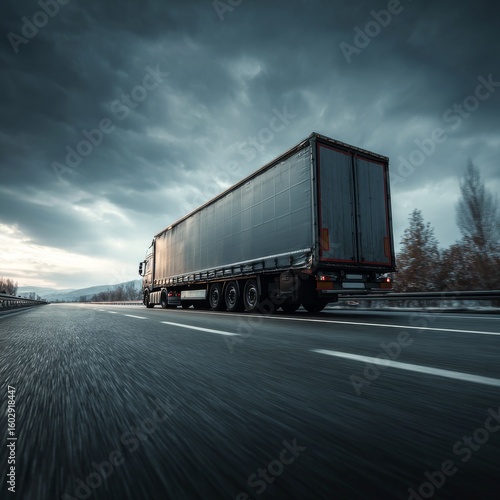 Truck Driving on Open Road under Dramatic Cloudy Sky at Dusk