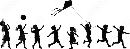 Children playing outdoors, kids flying kite, throwing ball, running silhouettes, fun activity, childhood moments, happy playtime vector, active lifestyle concept.