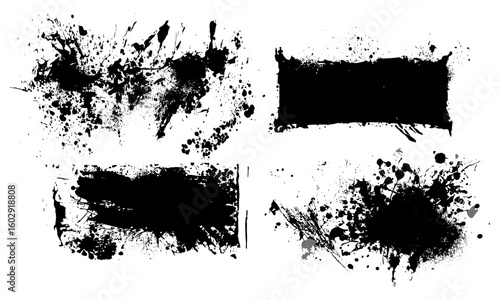 Artistic black dried paint splatter in grunge style. Isolated ink brush strokes and stencil textures for graphic design, callout text fields, abstract splash elements, vector drip pattern