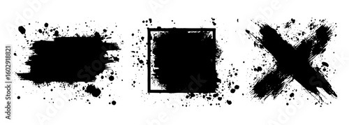 Artistic black paint splatter stencil with inked brush strokes, dirty grunge stains, drops, and blots. Vector design elements including boxes, frames, textures for creative art