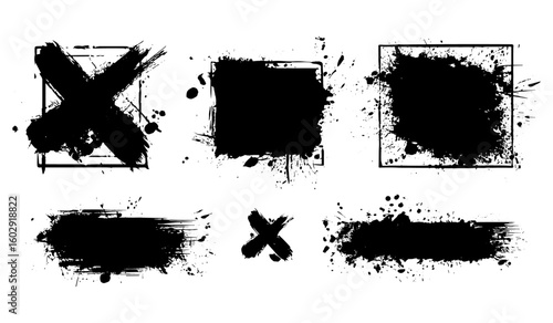 Black ink brush splashes and paint stencil with dirty artistic composition. Vector splatter stains, blots, frames, and textured brush strokes for grunge art, background, creative graphic